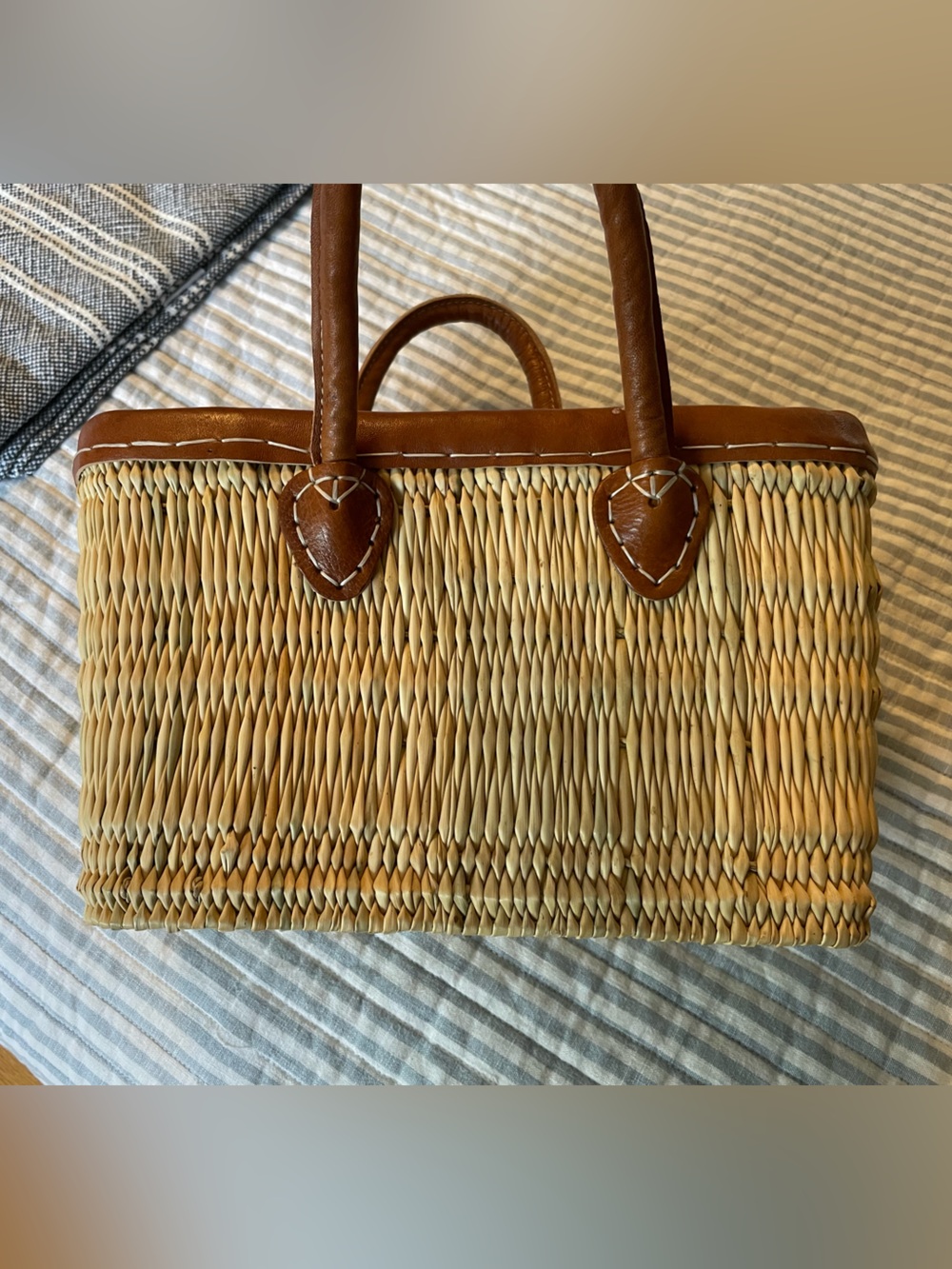 Woven Straw Tote Bag with Brown Leather Trim - Picture 2 of 4